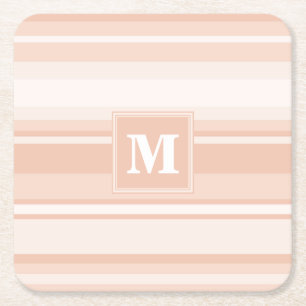 Monogram peach stripes square paper coaster