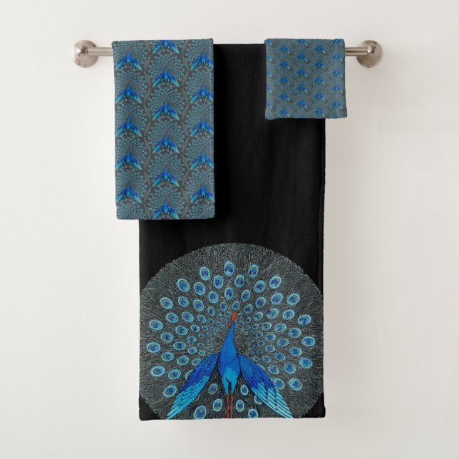 Monogram Peacock Teal Blue and Black Monogram Bath Towel Set (Insitu)