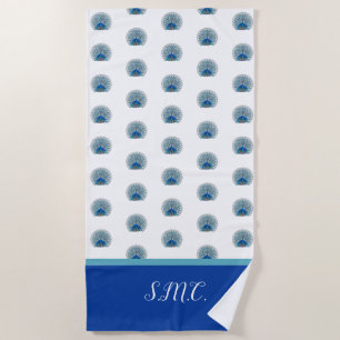 Monogram Peacock Teal Blue and White Monogram Beach Towel
