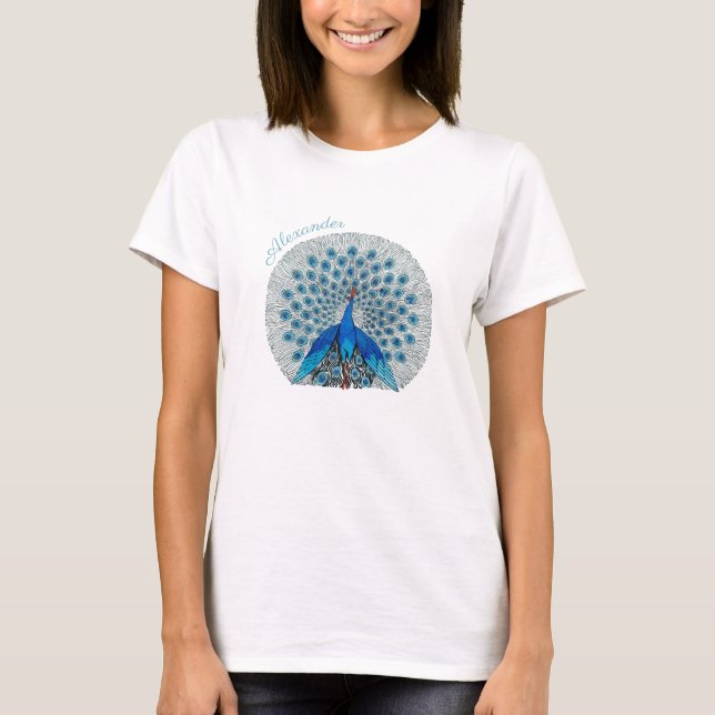 Monogram Peacock Teal Blue and White Monogram   T-Shirt (Front)