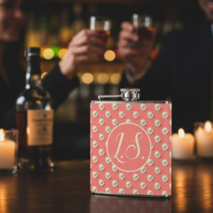 Monogram Pearl Accent Coral  Hip Flask