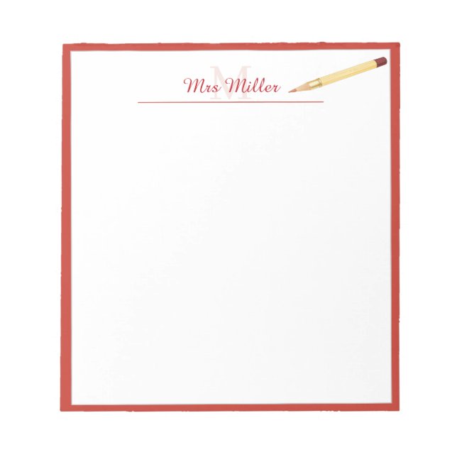 Monogram Pencil Personalised Teacher Notepad (Front)