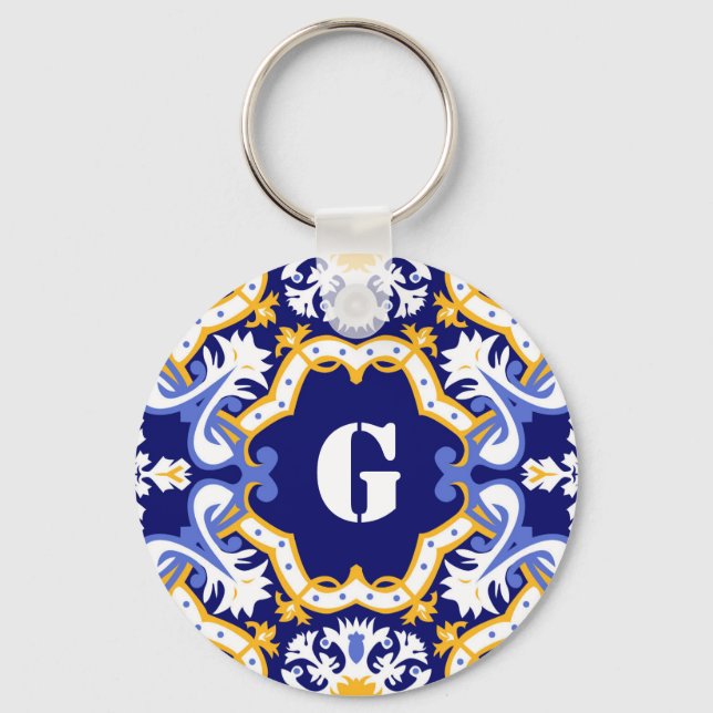Monogram periwinkle, blue and yellow Azulejos Key Ring (Front)