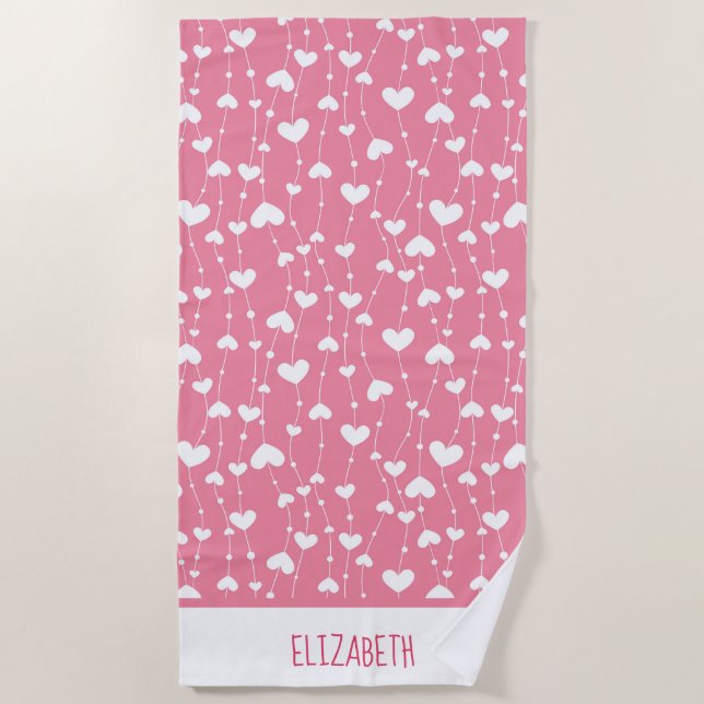 Monogram Personalise Pink White Hearts Beach Towel (Front)