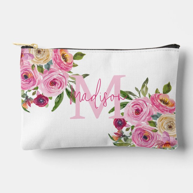 Monogram | Personalise | Watercolor | Floral  Accessory Pouch (Front)