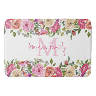 Monogram Personalise Watercolor Floral Bath Mat