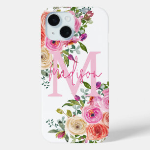 Monogram Personalise Watercolor Floral iPhone 15 Case