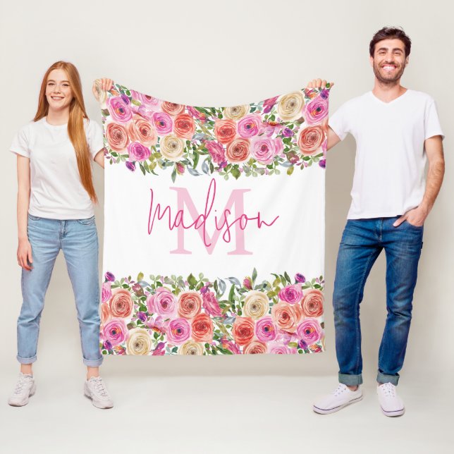 Monogram | Personalise | Watercolor | Floral  Fleece Blanket (In Situ)