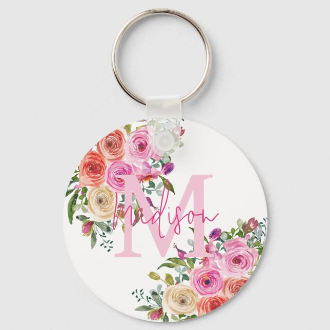Monogram | Personalise | Watercolor | Floral  Key Ring (Front)