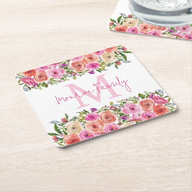 Monogram | Personalise | Watercolor | Floral  Square Paper Coaster (Angled)