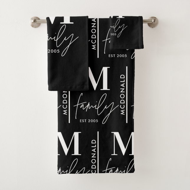 Monogram personalised black modern family bath towel set (Insitu)