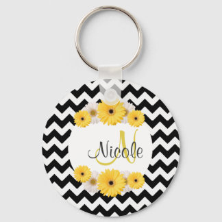 Monogram Personalised black white chevron Daisy Key Ring