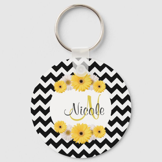 Monogram Personalised black white chevron Daisy Key Ring (Front)