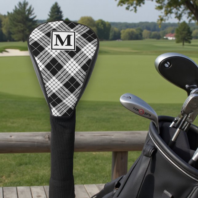 Monogram Personalised Black & White Tartan Pattern Golf Head Cover (Creator Uploaded)