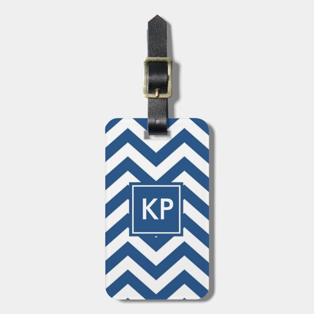 Monogram Personalised Blue Chevron Luggage Tag (Front Vertical)