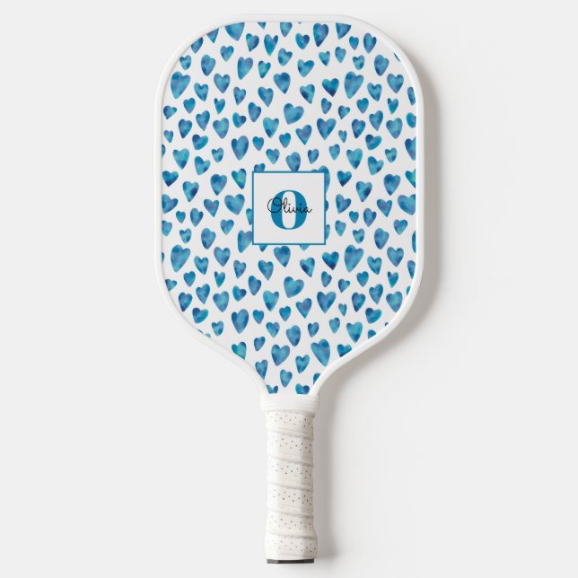 Monogram Personalised Blue Heart Pickleball Paddle (Front)
