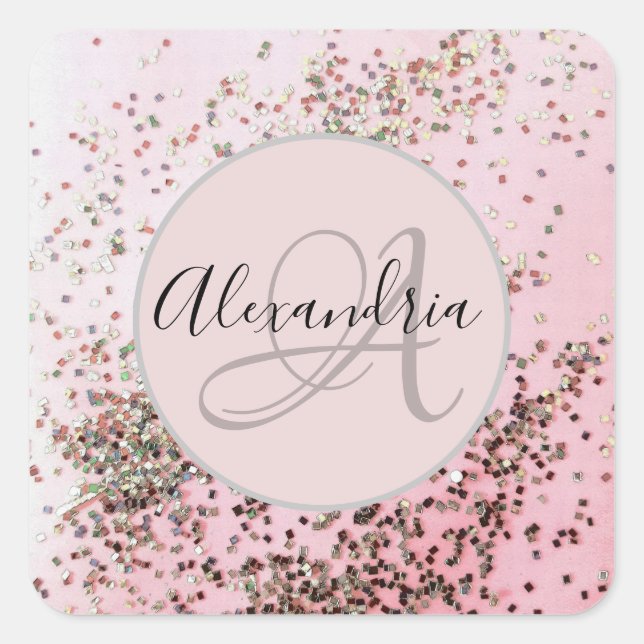 Monogram Personalised Champagne Pink Confetti  Square Sticker (Front)