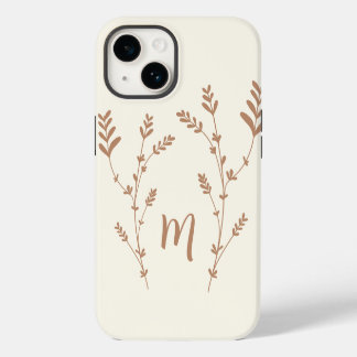 Monogram personalised chic leaves design brown iPhone 14 case