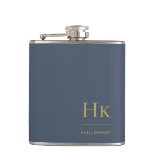 Monogram Personalised Classic Navy Blue Gold Hip Flask