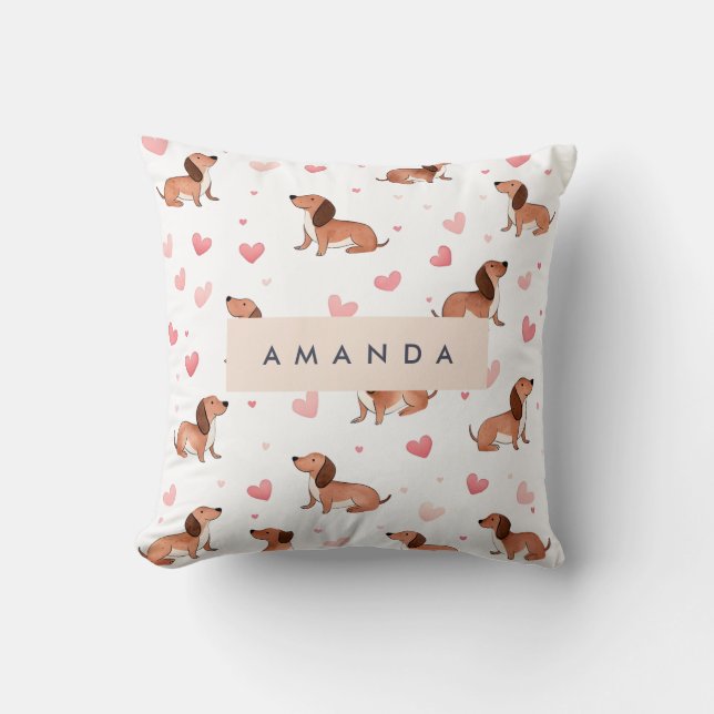 Monogram Personalised Cute Dachshund Dog Cushion (Front)