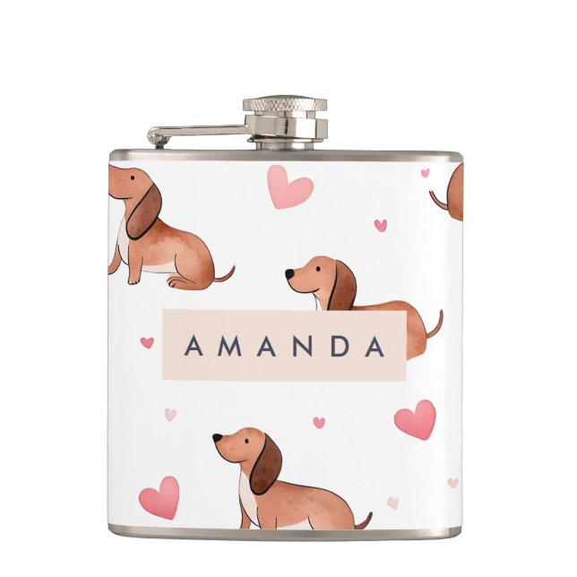Monogram Personalised Cute Dachshund Dog Hip Flask (Front)