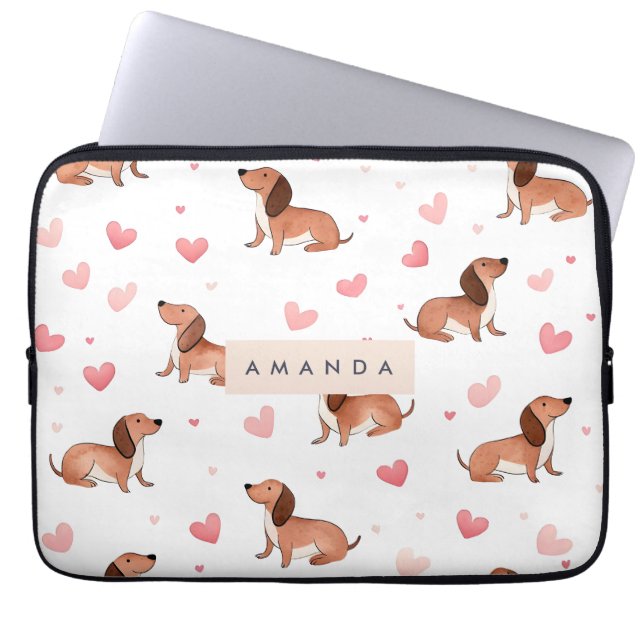 Monogram Personalised Cute Dachshund Dog Laptop Sleeve (Front)