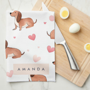 Monogram Personalised Cute Dachshund Dog Tea Towel