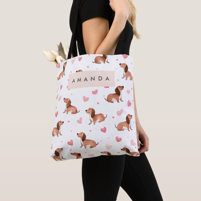 Monogram Personalised Cute Dachshund Dog Tote Bag (Close Up)