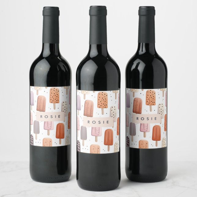 Monogram Personalised Cute Popsicle Pattern  Wine Label (Bottles)