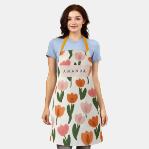 Monogram Personalised Cute Spring Tulip Pattern Apron