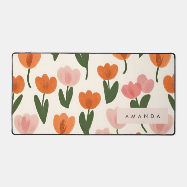 Monogram Personalised Cute Spring Tulip Pattern Desk Mat (Front)