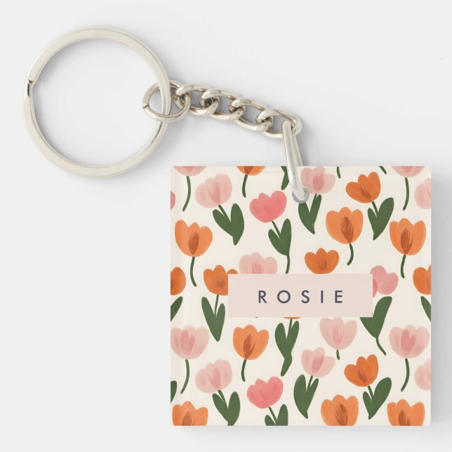 Monogram Personalised Cute Spring Tulip Pattern Key Ring (Front)