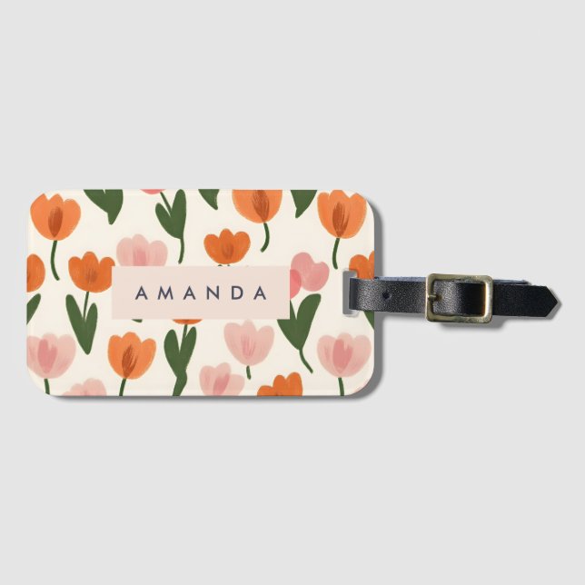 Monogram Personalised Cute Spring Tulip Pattern Luggage Tag (Front Horizontal)
