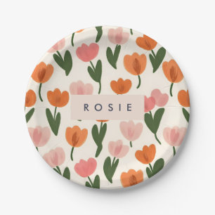 Monogram Personalised Cute Spring Tulip Pattern Paper Plate