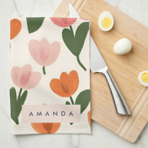 Monogram Personalised Cute Spring Tulip Pattern Tea Towel