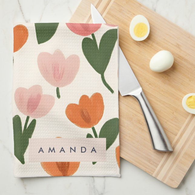 Monogram Personalised Cute Spring Tulip Pattern Tea Towel (Quarter Fold)