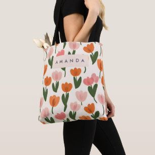 Monogram Personalised Cute Spring Tulip Pattern Tote Bag