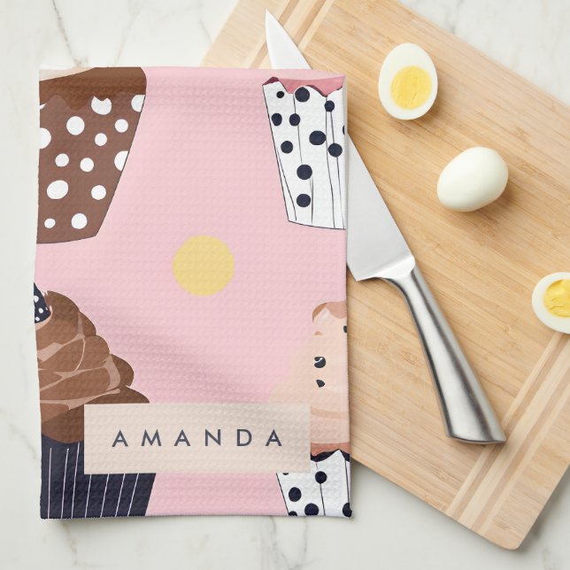 Monogram Personalised Cute Sweet Cupcake  Tea Towel (Quarter Fold)