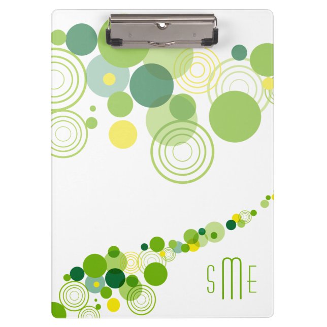 Monogram Personalised Modern Green Circle Pattern Clipboard (Front)