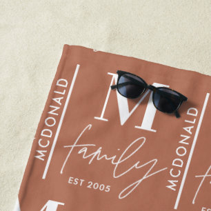 Monogram personalised modern minimal rust family beach towel