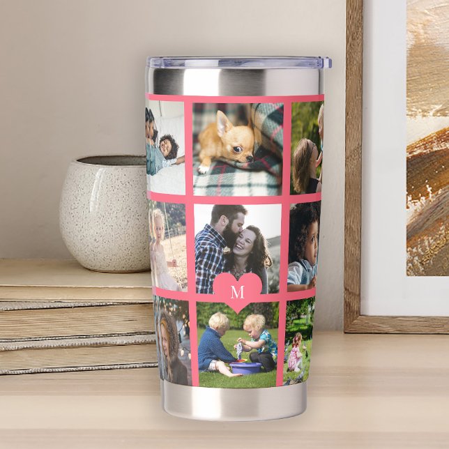 Monogram personalised modern multi photo collage insulated tumbler (Creator Uploaded)