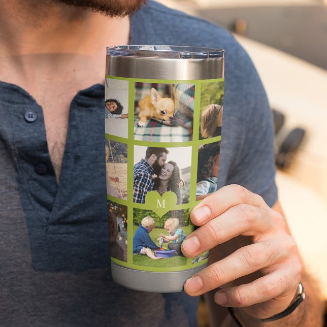 Monogram personalised modern multi photo collage insulated tumbler (Creator Uploaded)