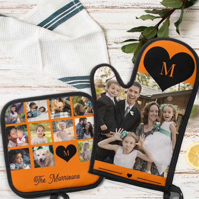 Monogram personalised modern multi photo collage oven mitt & pot holder set (Creator Uploaded)