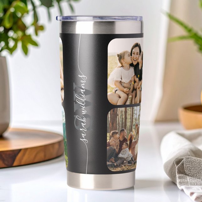 Monogram Personalised Name 6 Photo Collage Insulated Tumbler (Creator Uploaded)