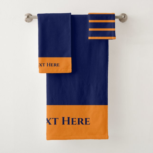 Monogram Personalised Orange Blue Striped Solid Bath Towel Set (Insitu)