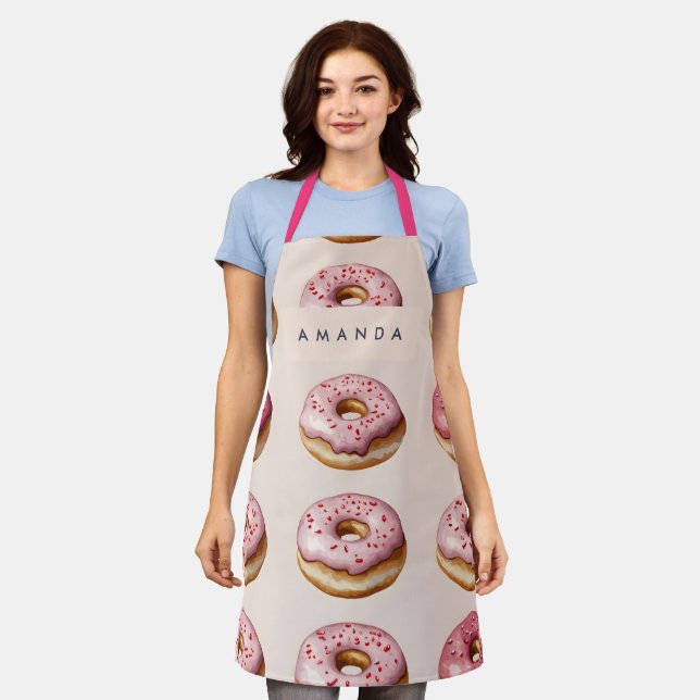 Monogram Personalised Pink Doughnut Pattern Apron (Worn)