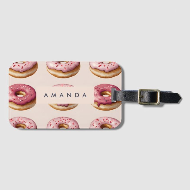 Monogram Personalised Pink Doughnut Pattern Luggage Tag (Front Horizontal)