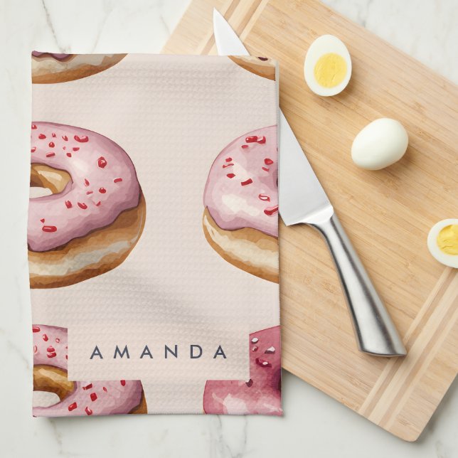 Monogram Personalised Pink Doughnut Pattern Tea Towel (Quarter Fold)