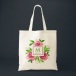 Monogram Personalised Pink Floral Tote Bag<br><div class="desc">Pink roses and leaves behind your name and initial. 100% natural material, available in 5 sizes to fit all your needs, customise with for the perfect gift or casual accessory. Versatile, trendy, durable, a custom tote means you'll always look fashionable! Dimensions: 15.75" long x 15.25" wide. Also available with purple...</div>