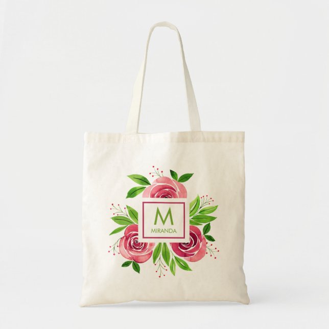 Monogram Personalised Pink Floral Tote Bag (Front)